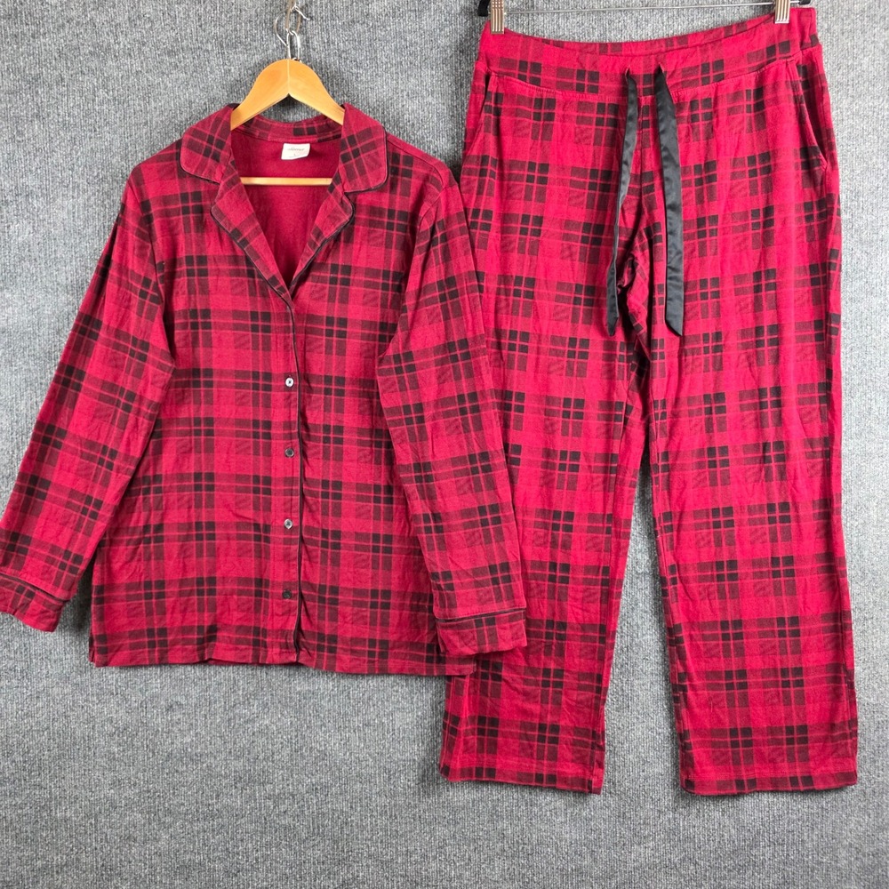 Soma Red Black Plaid Pajama Set Womens Large Cotton Modal Button Front Sleepwear